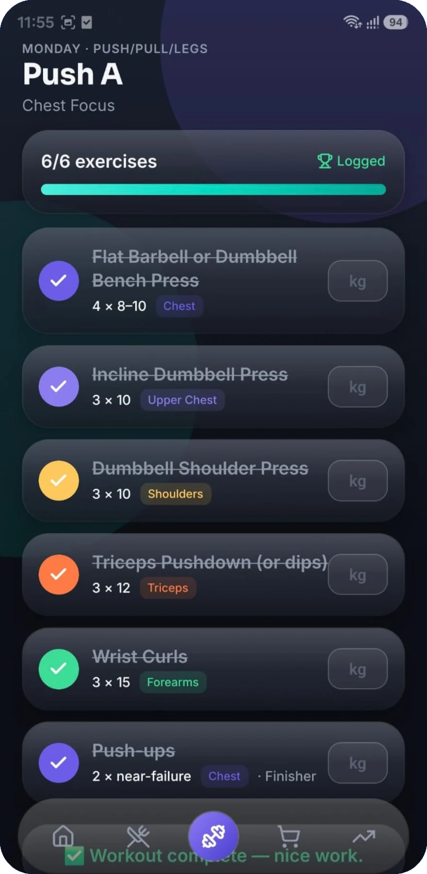 Workout exercise log